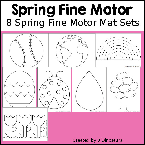 Spring Fine Motor Mat Printable Set with 10 different themes fine motor mats with dot markers, template, tracing, playdough mats and q-tip printables for building fine motor skills during the spring - 3Dinosaurs.com
