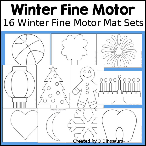 winter Fine Motor Mat Printable Set with 12 different themes fine motor mats with dot markers, template, tracing, playdough mats and q-tip printables for building fine motor skills during the winter - 3Dinosaurs.com