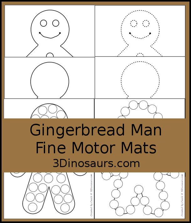 Free Gingerbread Man Fine motor Mats  - with gingerbread templates, gingerbread tracing mat, gingerbread dot marker mat all to work on fine motor skills for any gingerbread theme- 3Dinosaurs.com