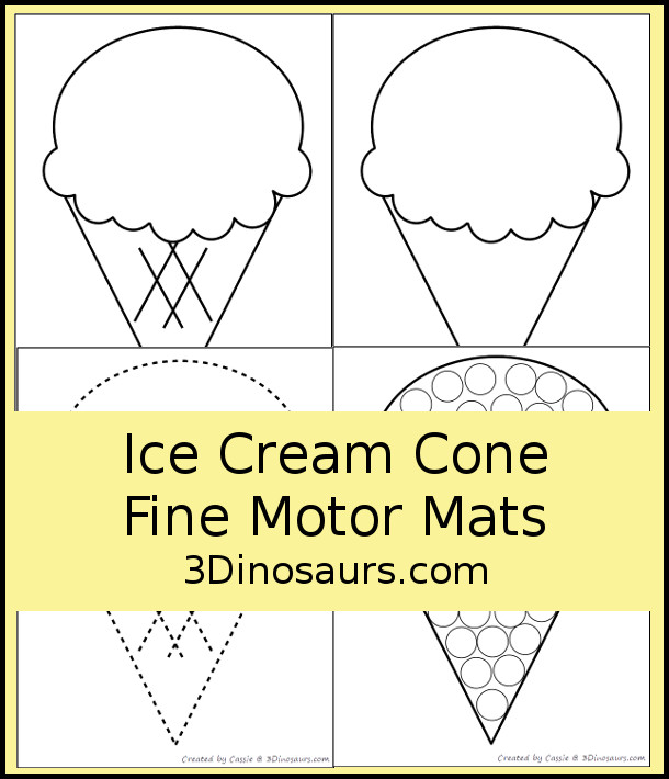 Free Ice Cream Fine Motor Mat Printables with 6 pages of fine motor printables with ice cream template printables, ice cream tracing worksheets, and ice cream dot marker printable for kids. All great for a summer fine motor center. - 3Dinosaurs.com