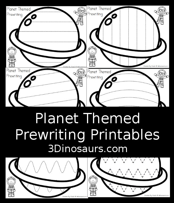Free Planet Themed Prewriting Prewriting Printable - 6 pages of prewriting lines for kids - 3Dinosaurs.com