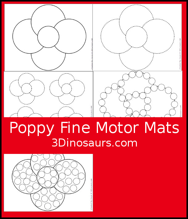 Free Poppy Fine Motor Mat Printable -  with poppy tracing, poppy mat, poppy dot marker - with different options for the poppy - with different options for the poppy - 3Dinosaurs.com
