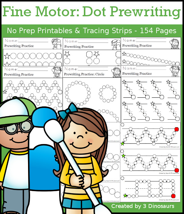 Fine Motor: Dot Prewriting Set - 154 pages of printables for many different types of prewriting that grows with the student as they progress through the different type of dots - 3Dinosaurs.com