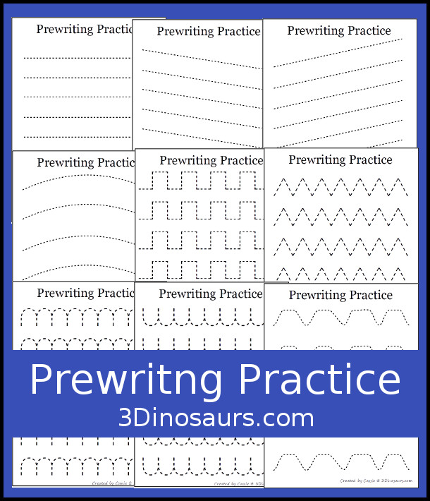 Free Prewriting Practice Printables - 14 pages of prewriting printables with a fine dashed line for kids to trace with different types. It has one line type per page - 3Dinosaurs.com