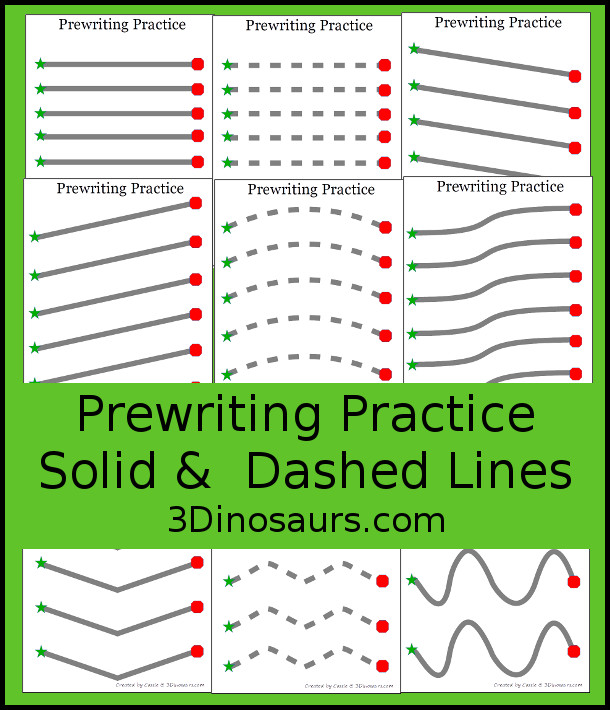 Free Prewriting Practice Solid & Dashed Printables - easy to use with start and stop  prewriting lines for kids to use - 3Dinosaurs.com #prewriting #finemotorskills #freeprintables