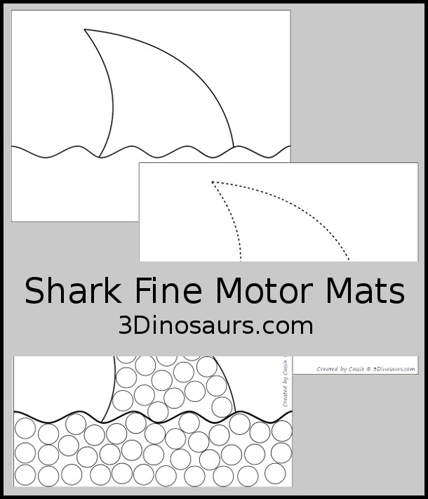 Free Shark Fin Fine Motor Mat Printables - three fun shark fine motor mats with a shark fin template printable, shark find tracing printable, and shark fin dot marker printable - 3Dinosaurs.com