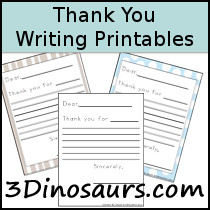 Free Thank You Writing Printables by 3Dinosaurs.com