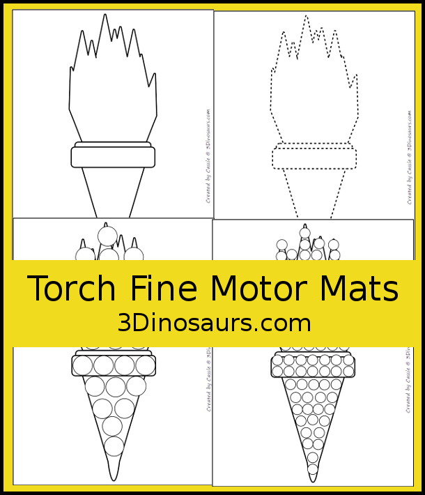 Free Torch Fine Motor Mat Printables - you have four different fine motor mats with torch template printables, torch tracing printables, torch dot marker printables, and torch q-tip printables - 3Dinosaurs.com