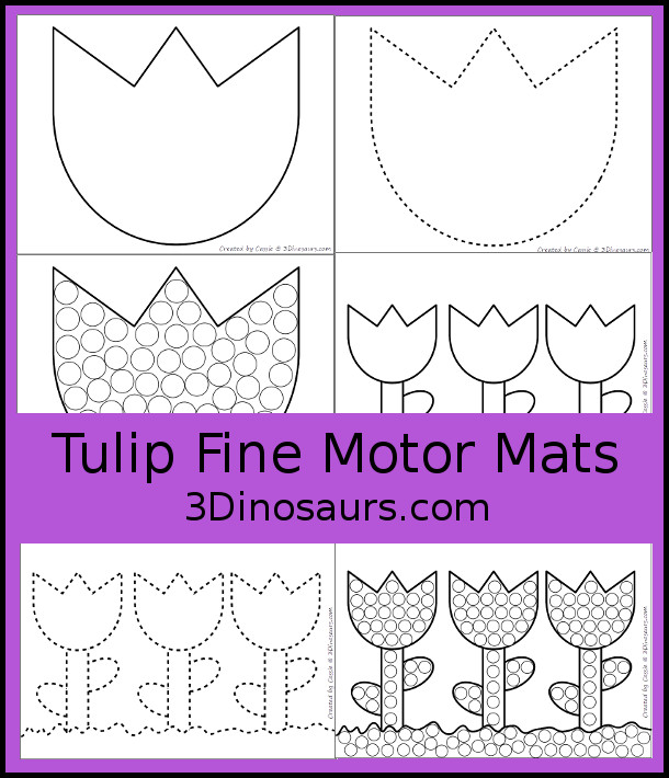 Free Tulip Fine Motor Mat Printables - with two versions of a tulip for different skill levels with a single tulip flower and three flowers on a page with ground, stem, and leaves - you have a flower template printable, flower tracing printable, flower dot marker printable, and flower q-tip printable - 3Dinosaurs.com