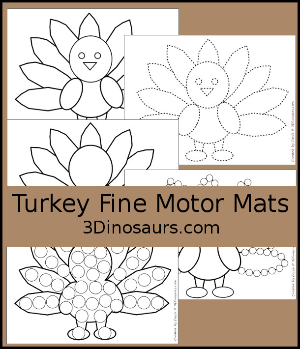 Free Turkey Fine Motor Mat Printable - with turkey tracing, turkey mat, turkey dot marker - with different options for the turkey - 3Dinosaurs.com