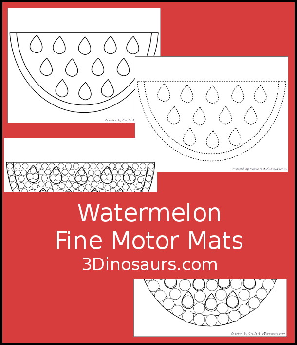 Free Watermelon Fine Motor Mat Printables - You have a watermelon template, watermelon tracing page, watermelon cotton swab page, and watermelon dot marker page. A great fine motor set for preschool, prek and kindergarten- 3Dinosaurs.com